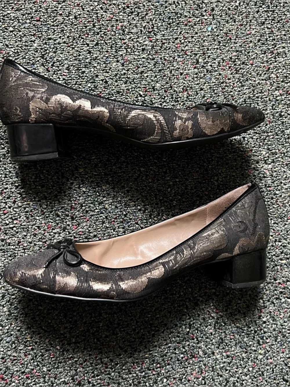 Tapestry Jacquard Fabric Square-Toe Bow Ballet Flats Low Block Heel Shoes Sz 8.5